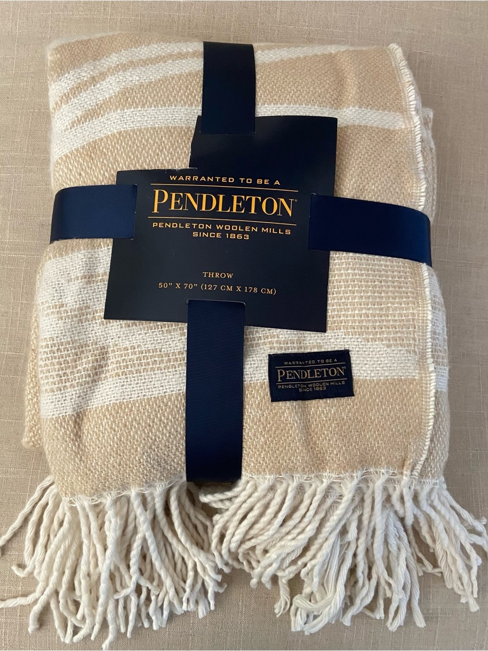 NWT Pendleton Rio Grand Almond Bluff Cream and Beige 50x70 Throw with Fringe - Picture 1 of 5